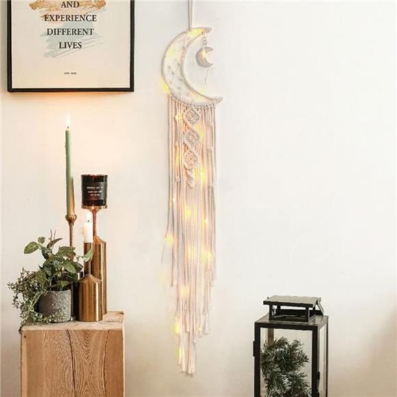 Macrame Woven Wall Hanging Moon Dream Catcher- Boho Chic Bohemian Home Decor - Picture 3 of 6